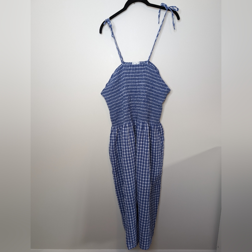Blue Check Midi Dress with Tie Straps